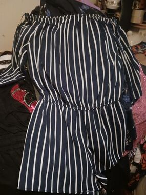 Ambiance Navy and White Striped Off-Shoulder Jumpsuit